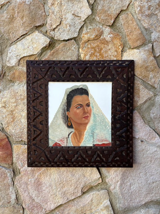 Quadro Vintage -Sarda- Dipinto Su Mattonella In Ceramica