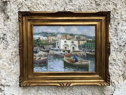 Quadro -Marina Con Barche- dipinto a olio
