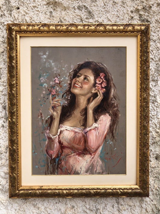 Quadro vintage -Fanciulla tra i fiori-dipinto a olio su tavola