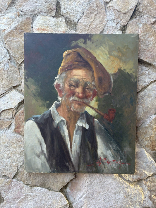Quadro -Anziano Con Pipa- Angelo Sansone- dipinto a olio su tela