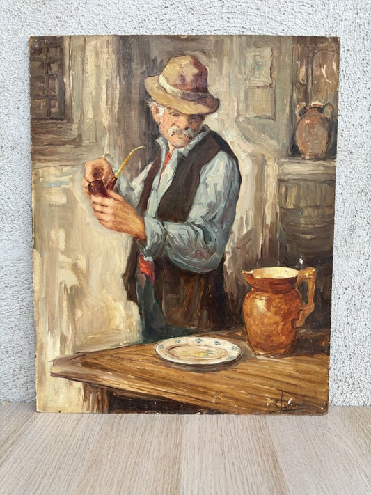 Quadro vintage -Anziano Con Pipa- dipinto a olio