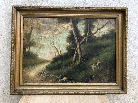 Quadro antico -Paesaggio- dipinto a olio su tela applicata su cartone