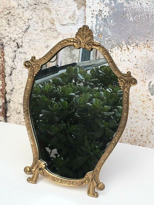 Specchio da tavolino cornice in ottone vintage stile liberty (34,5x24,5cm)