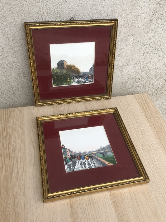 Coppia Di Quadri Vintage Dipinti Su Mattonella