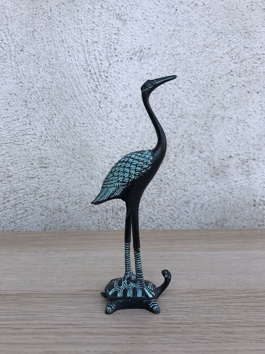 Scultura Vintage Airone Su Tartaruga In Bronzo Cinese