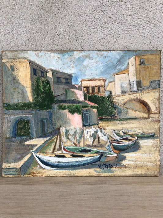Quadro vintage -Barche A Riposo- dipinto a tecnica mista su cartoncino