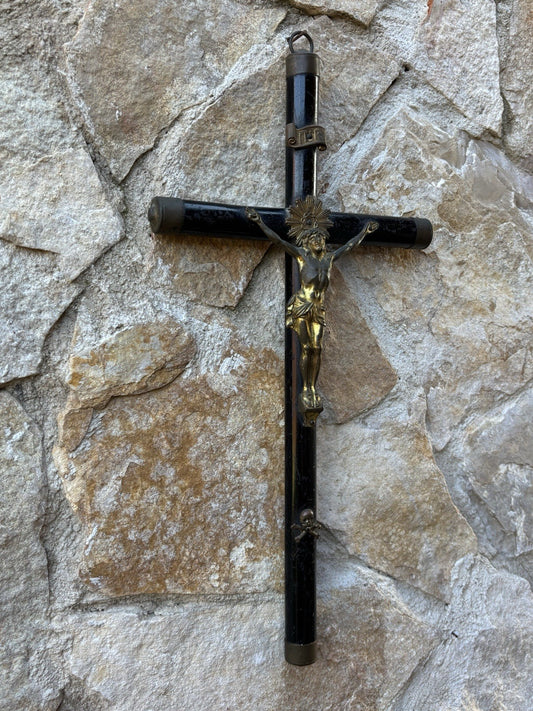 Crocifisso Vintage Con Memento Mori In Legno E Metallo