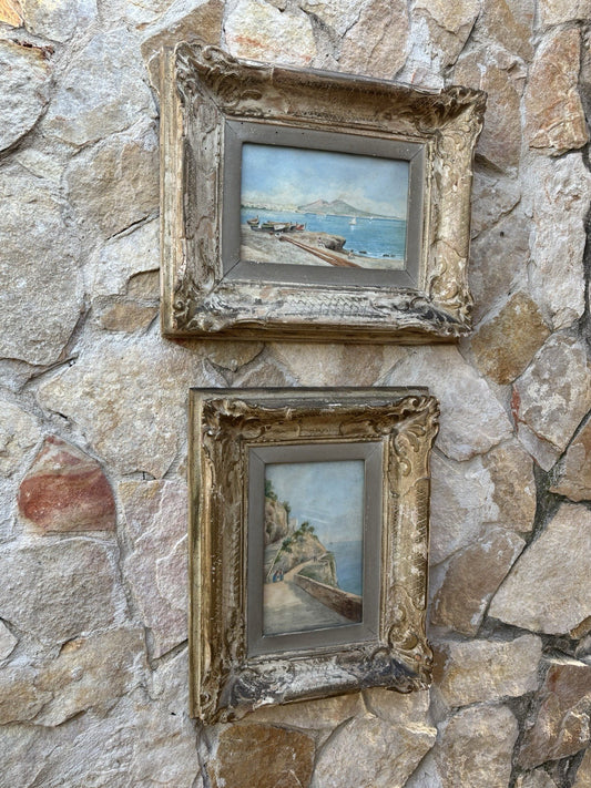 Coppia di quadri antichi -Paesaggi Napoli- realizzati ad acquerello su carta