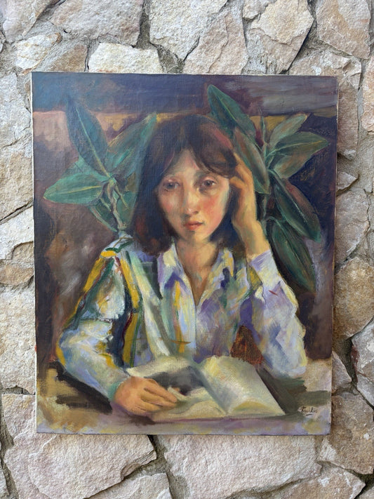 Quadro -Donna In Lettura- dipinto a olio su tela