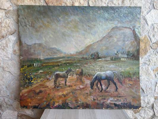 Vecchio quadro -Cavalli Al Pascolo- Ferruccio Torraca- dipinto a olio