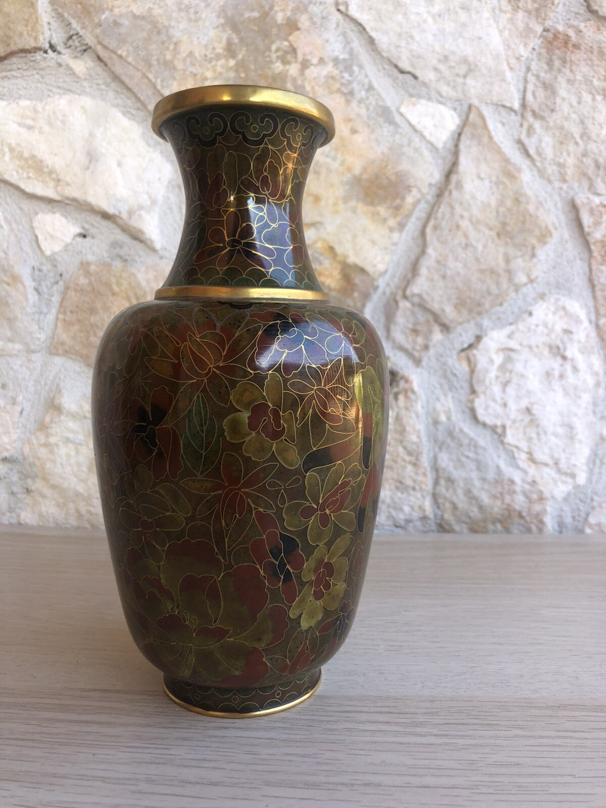 Vaso Vintage In Ottone E Cloisonne Cinese