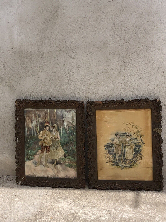 Coppia di quadri antichi ricamati e dipinti su raso in seta e cotone- tec. mista