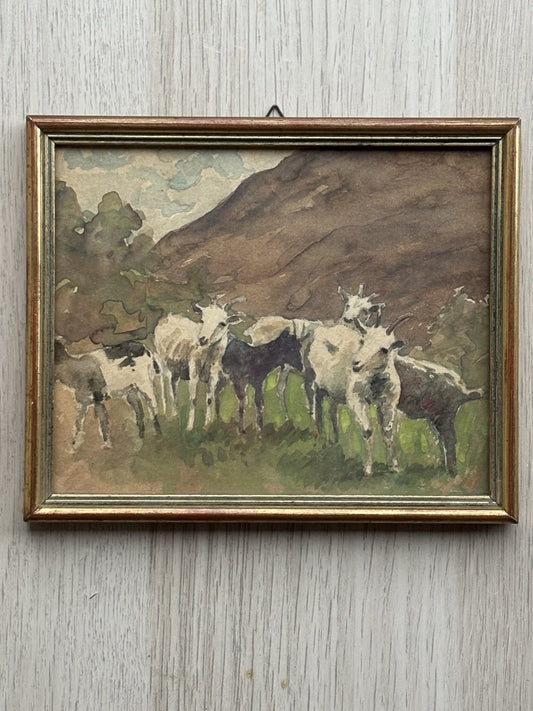 Quadro miniatura -Capre Al Pascolo- realizzato ad acquerello su carta
