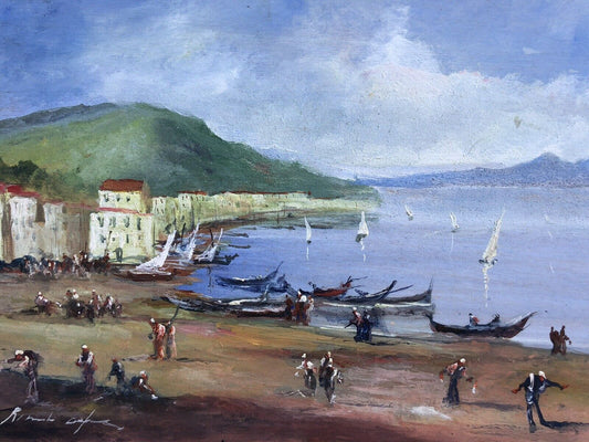 Quadro vintage -Marina Con Figure- dipinto a olio su tavoletta