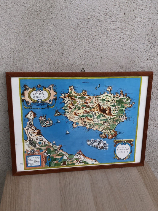 Mappa Vintage -Ischia Aenaria Antica- Dipinta Ad Acquerello E Tempera Su Carta