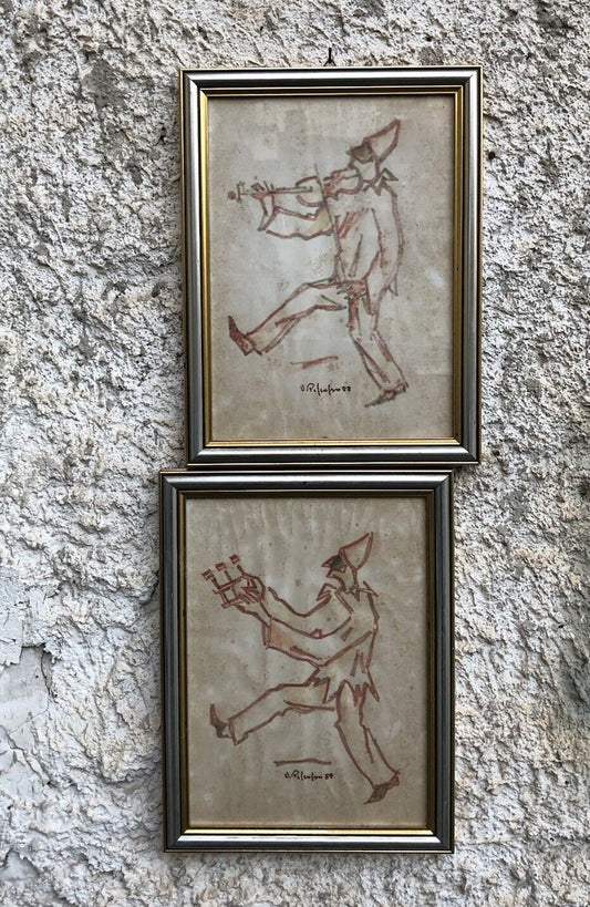 Coppia di quadri -Pulcinella- Vittorio Pisco a tecnica mista su carta