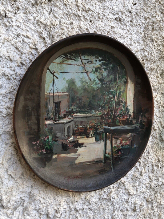 Piatto Vintage Dipinto A Olio su Terracotta