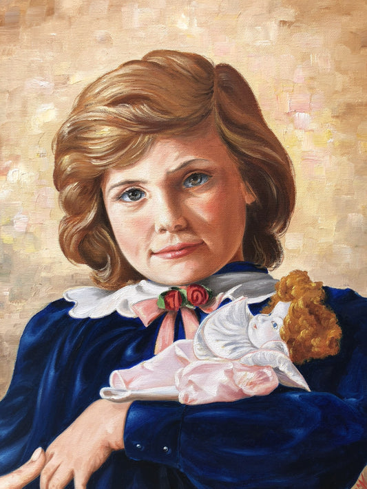 Quadro -Ragazza Con Bambola- dipinto a olio su tela