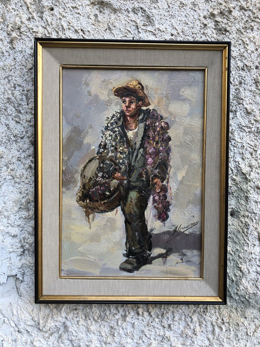 Quadro vintage -Ragazzo Con Cipolle- dipinto a olio su tavoletta