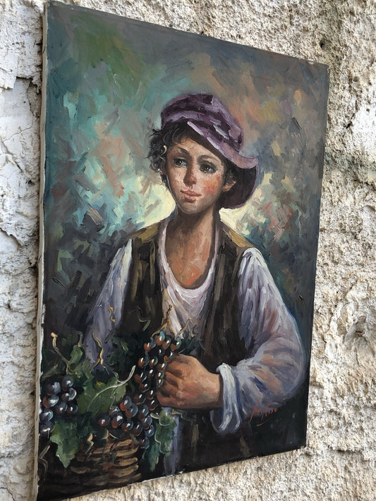 Quadro vintage -Ragazzo Con Frutta- dipinto a olio su tela