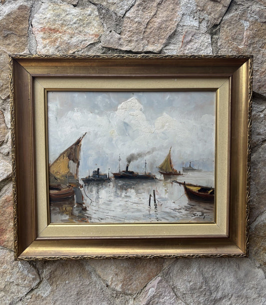 Quadro -Marina Con Barche- dipinto a olio