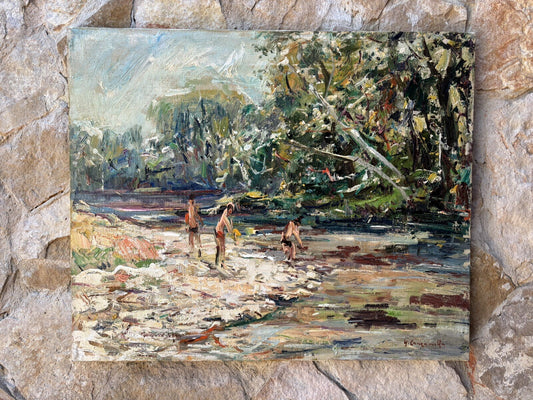 Quadro vintage -Bagnanti Al Fiume- dipinto a olio su tela