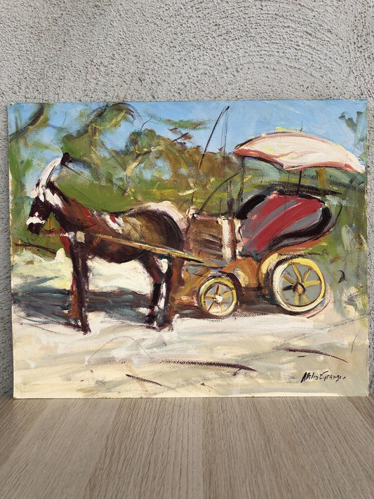 Quadro vintage -Carrozza Con Cavallo- dipinto a tecnica mista su cartoncino