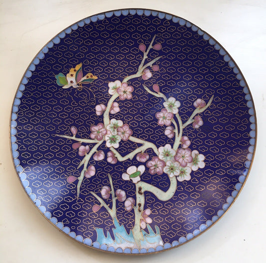 Piatto decorativo in ottone e cloisonné cinese orientale- Fiori di Pesco