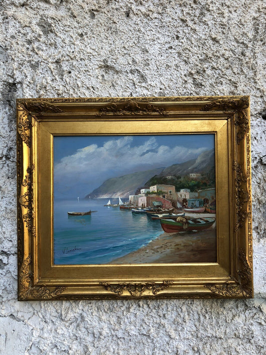 Quadro vintage -Marina Con Barche- dipinto a olio
