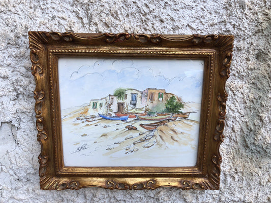 QUADRO VINTAGE-PAESAGGIO CON BARCHE-DIPINTO AD ACQUERELLO SU CARTA