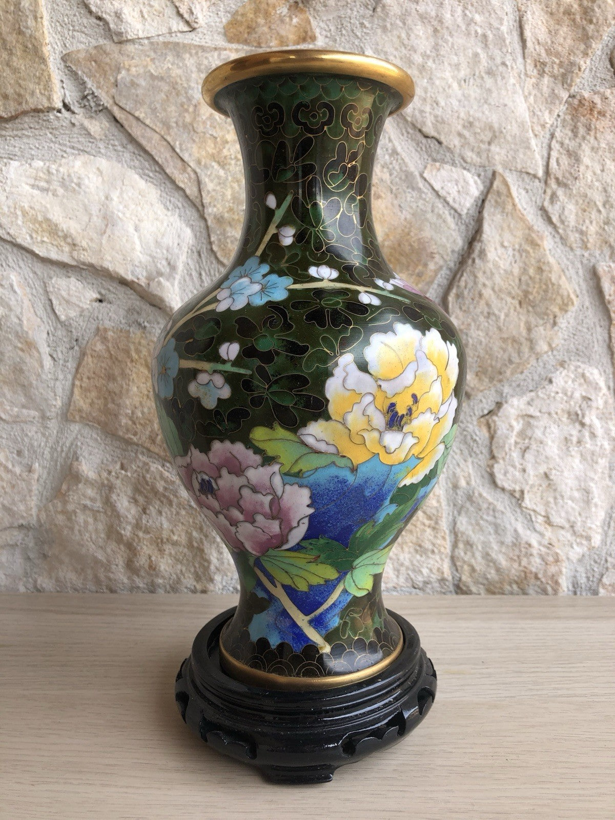 Vaso Vintage In Ottone E Cloisonne Cinese