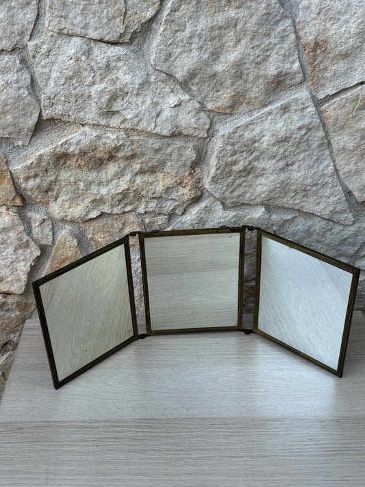 Specchio Trittico Da Barbiere Vintage In Metallo Ottone