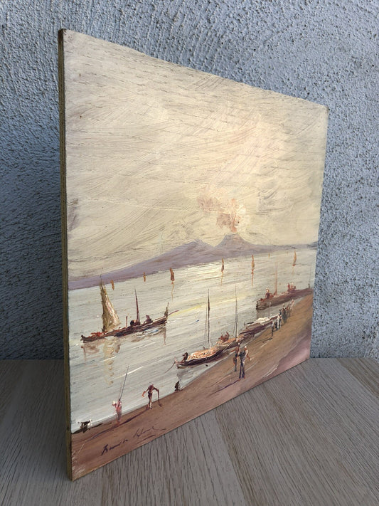Quadro vintage -Marina Con Vesuvio- dipinto a olio su tavola