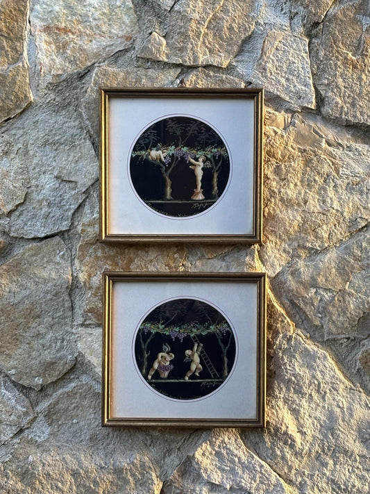 Coppia Di Quadri Vintage -Amorini- Gouache Dipinti A Mano