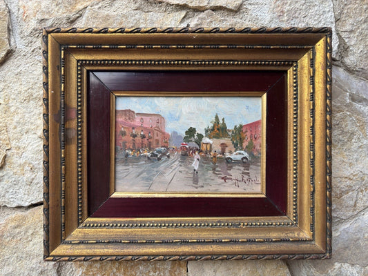 Quadro miniatura -Strada Con Figure- dipinto a olio su tavoletta