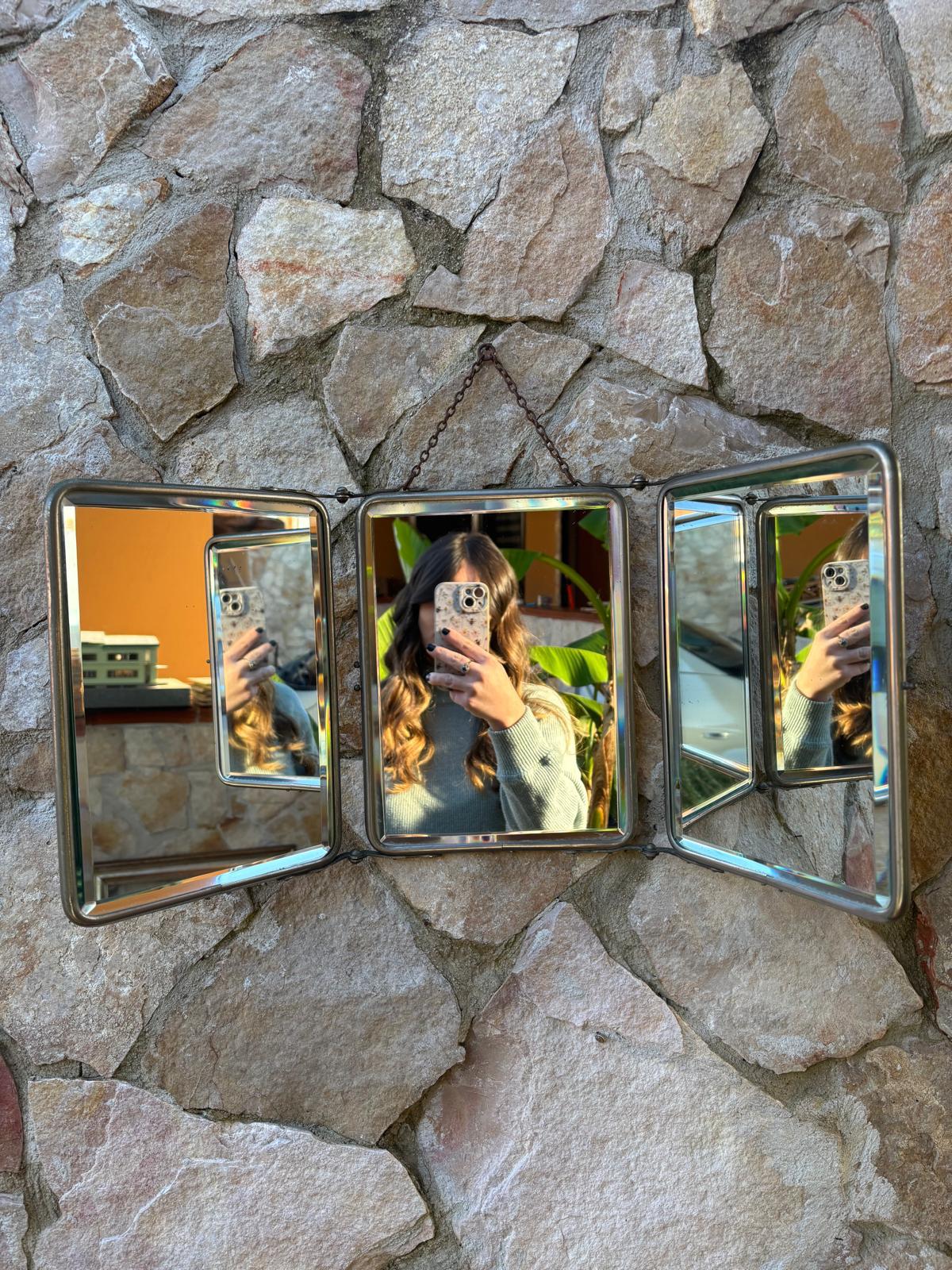 Specchio Vintage Trittico Da Barbiere In Metallo Con Vetro Molato