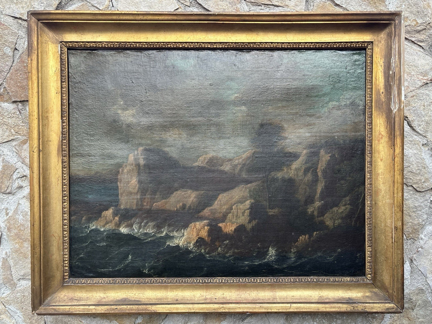 Quadro antico -Scogliera Con Mareggiata- dipinto a olio su tela