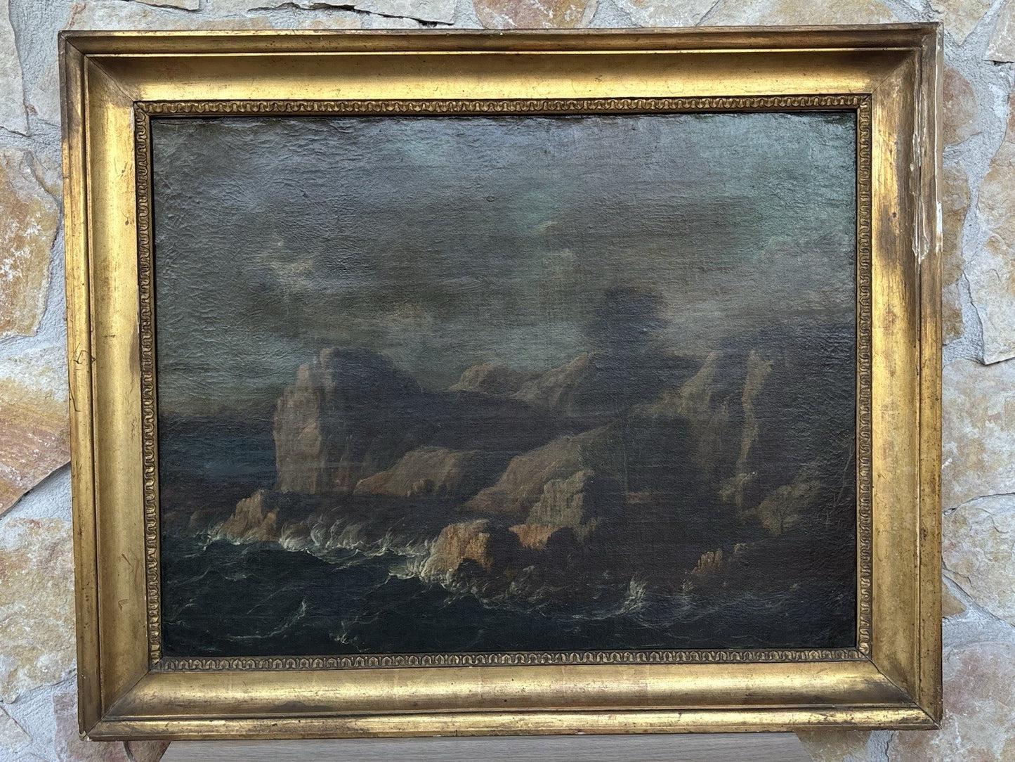 Quadro antico -Scogliera Con Mareggiata- dipinto a olio su tela
