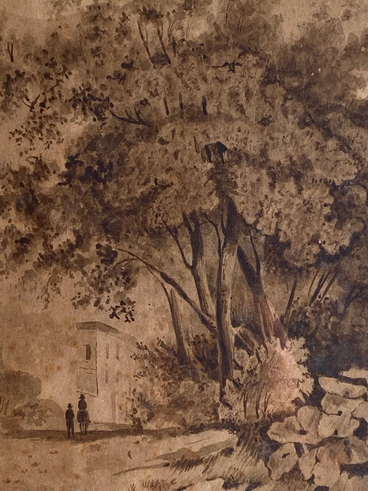 Quadro antico -Paesaggio- disegnato a mano con tecnica seppia su carta