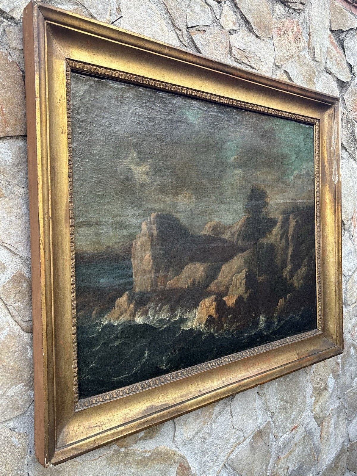 Quadro antico -Scogliera Con Mareggiata- dipinto a olio su tela
