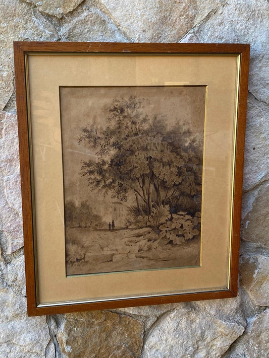 Quadro antico -Paesaggio- disegnato a mano con tecnica seppia su carta