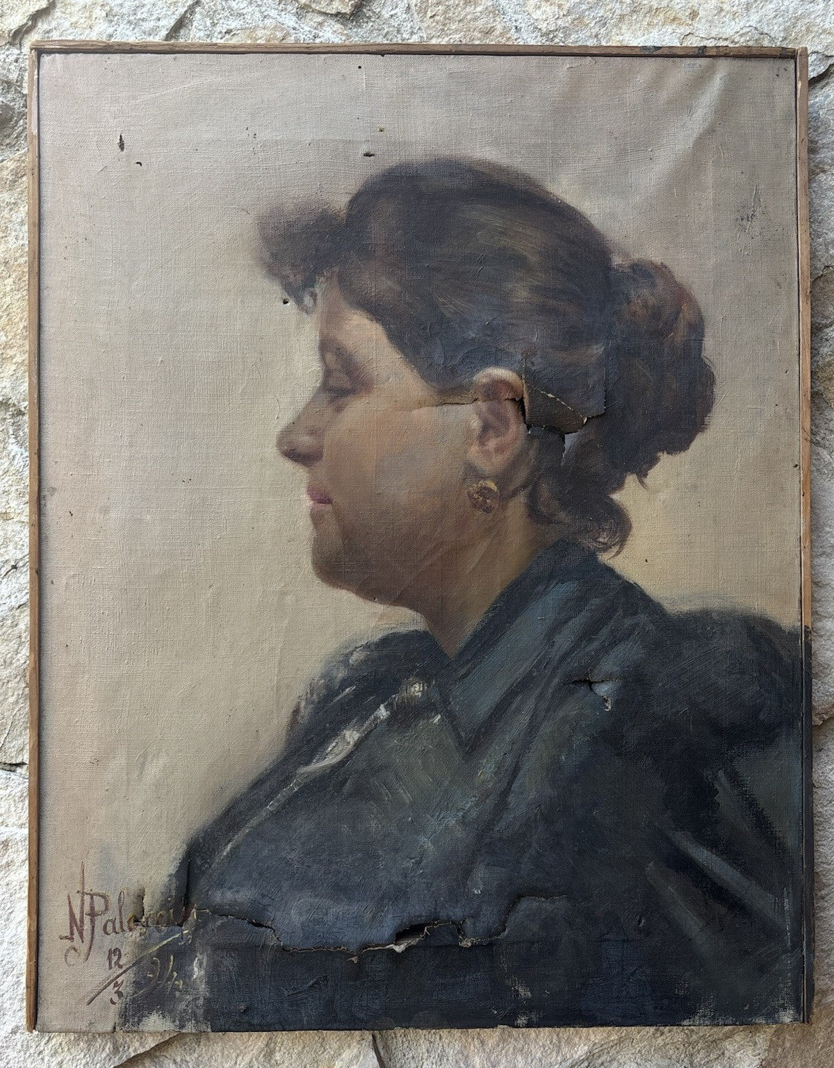Quadro antico -Profilo Di Donna- dipinto a olio su tela
