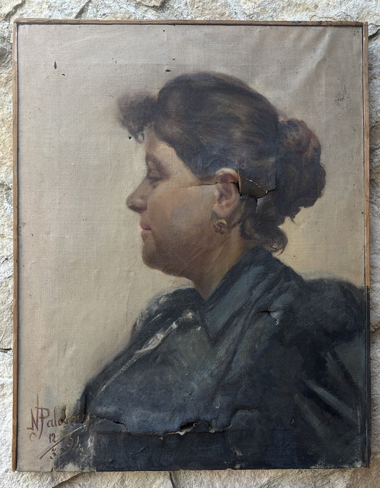 Quadro antico -Profilo Di Donna- dipinto a olio su tela