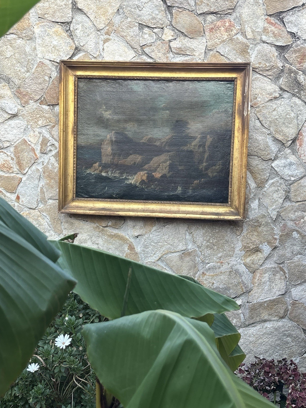 Quadro antico -Scogliera Con Mareggiata- dipinto a olio su tela