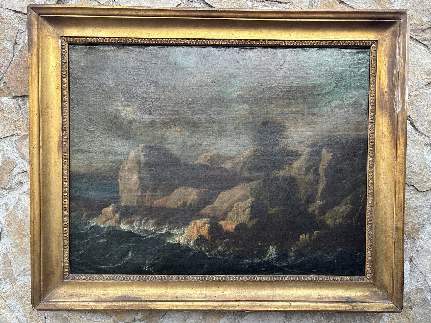 Quadro antico -Scogliera Con Mareggiata- dipinto a olio su tela