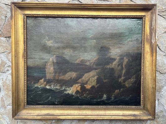 Quadro antico -Scogliera Con Mareggiata- dipinto a olio su tela