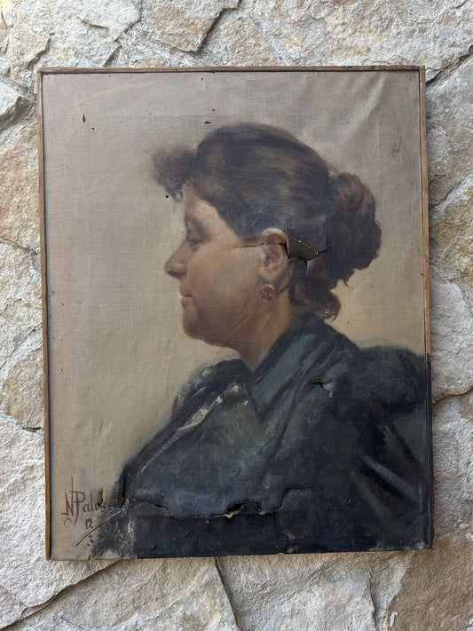 Quadro antico -Profilo Di Donna- dipinto a olio su tela