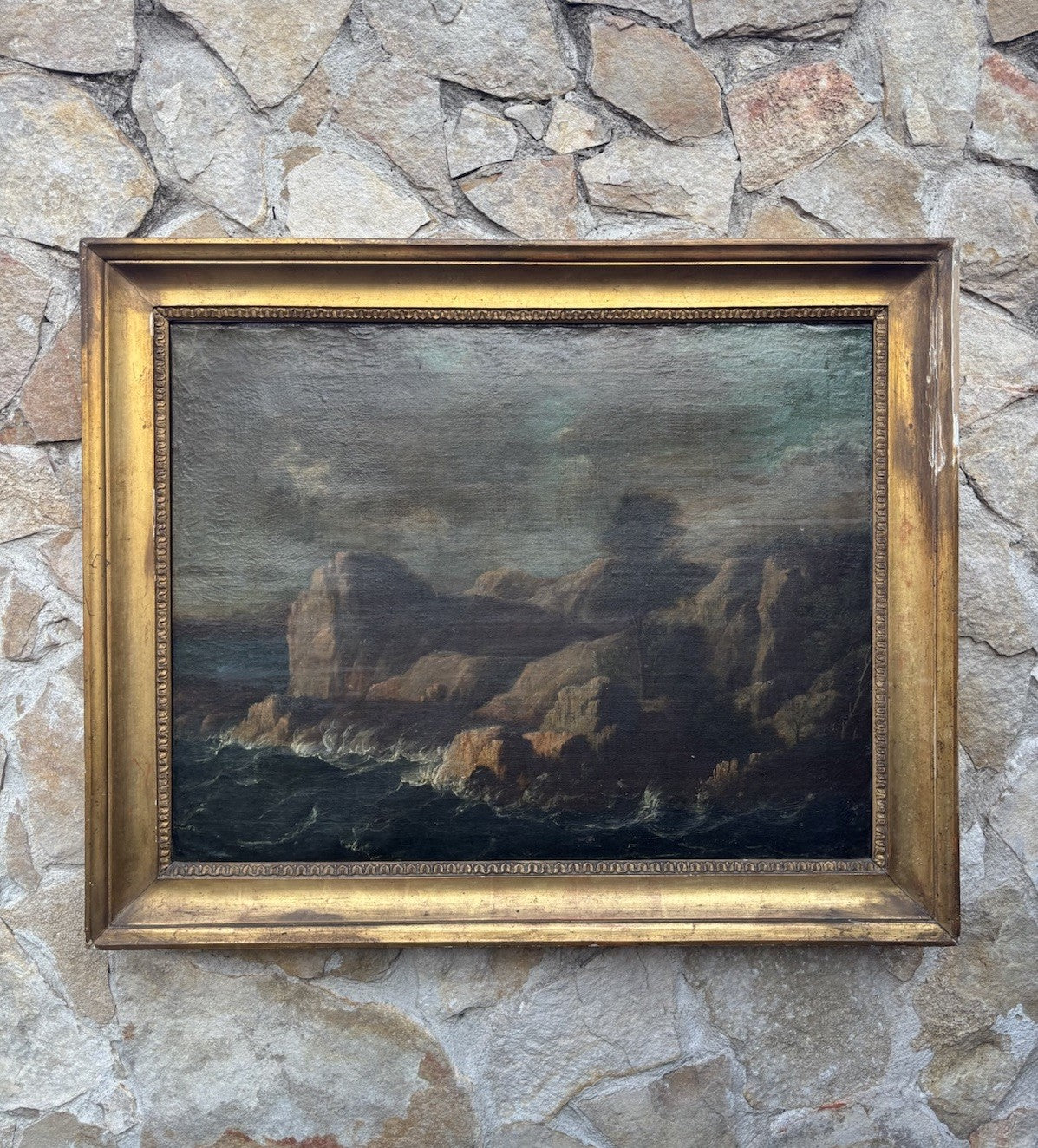 Quadro antico -Scogliera Con Mareggiata- dipinto a olio su tela