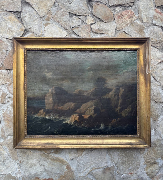 Quadro antico -Scogliera Con Mareggiata- dipinto a olio su tela