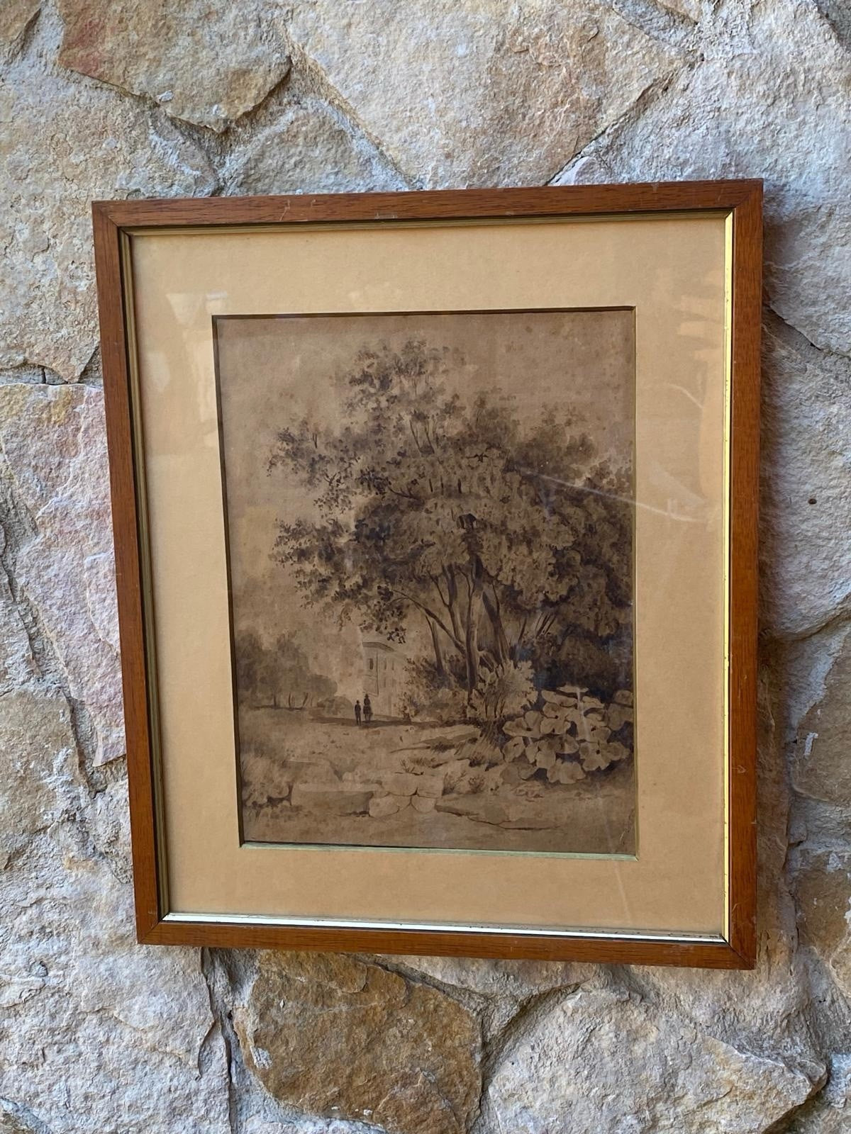 Quadro antico -Paesaggio- disegnato a mano con tecnica seppia su carta